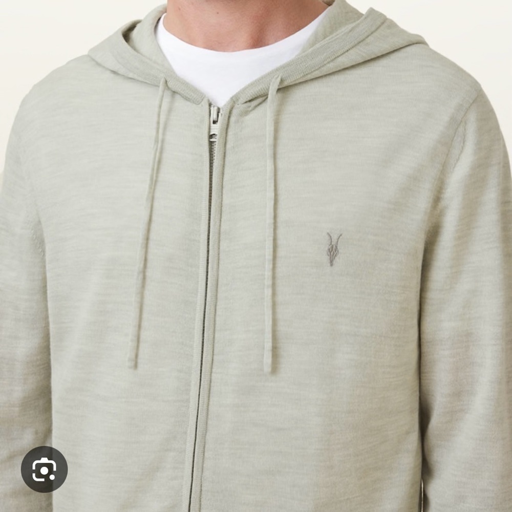 All Saints Merino Gray Zip-Up Ramskull Hoodie Sweater with Ribbed Cuffs M